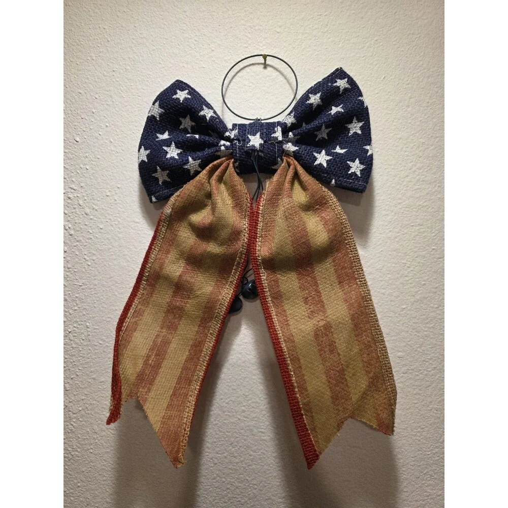 4th of July Patriotic Stars & Stripes Bow w/ Bells Welcome Door Hanger